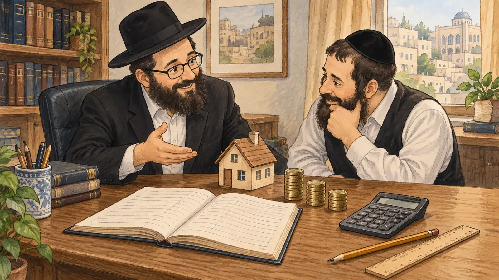 שני יועצים משוחחים ליד פנקס חשבונות פתוח, מטבעות ודגם בית קטן על שולחן עץ