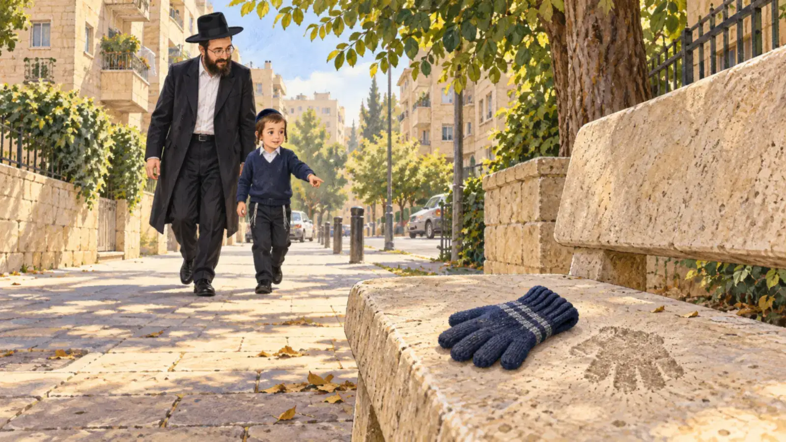 כפפת ילד מונחת על ספסל אבן ברחוב, ואב ובנו מבחינים בה ומתקרבים להשיבה