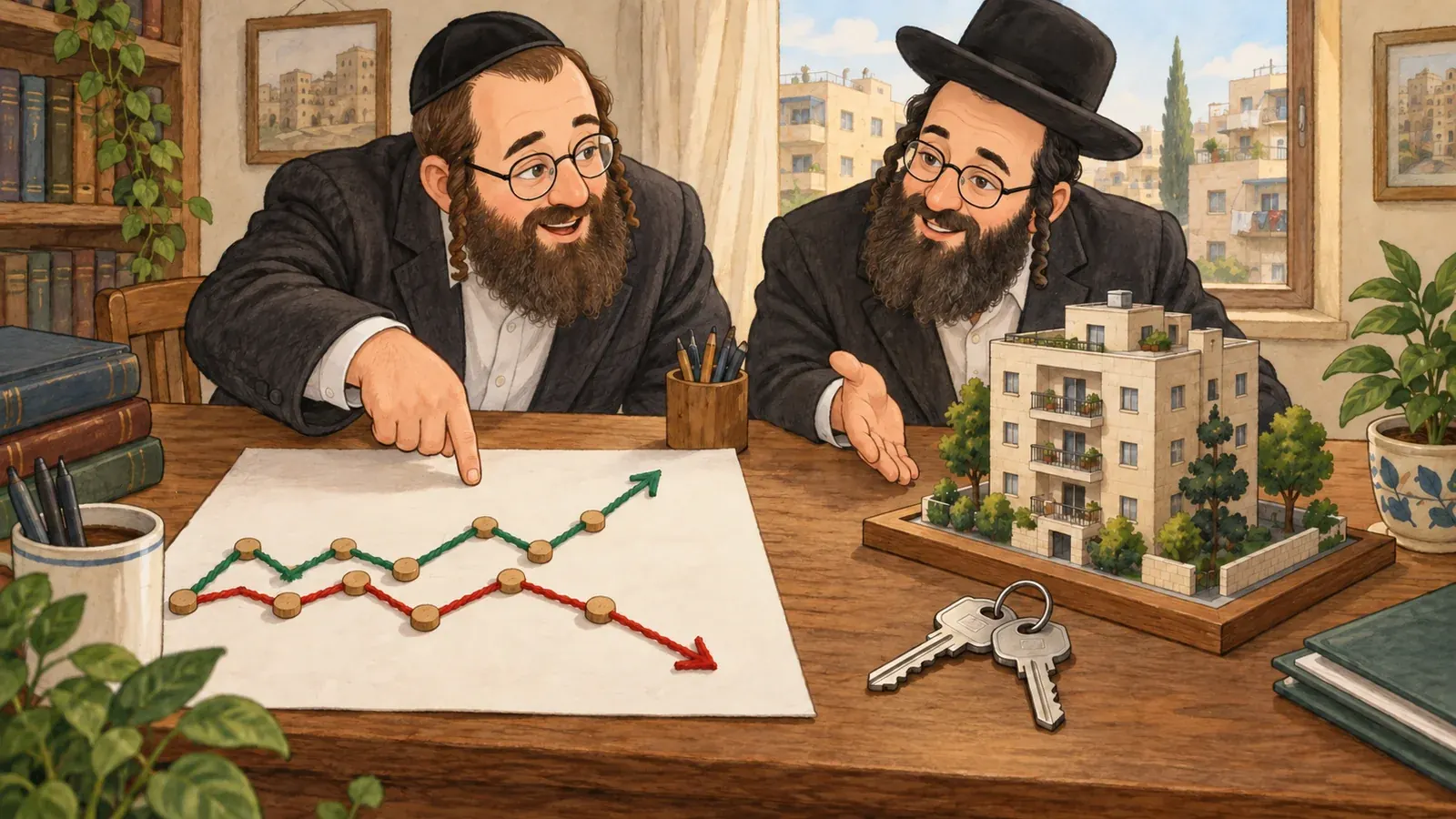 שני יועצים מצביעים על גרף שוק עשוי חוטים ועל דגם בניין דירות ומפתחות באותו שולחן