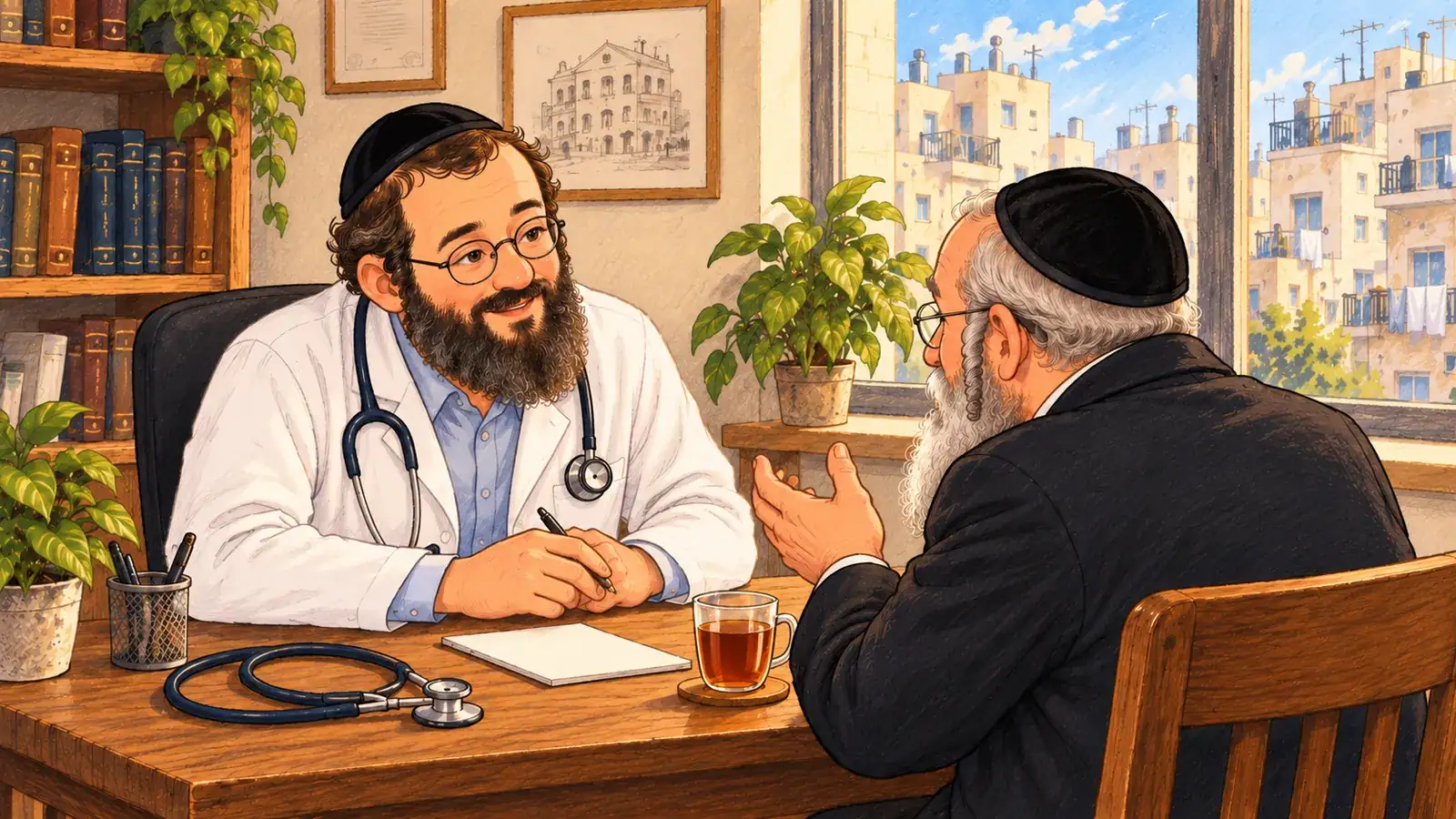 רופא משפחה מקשיב למטופל מבוגר ליד שולחן עם סטטוסקופ וכוס תה