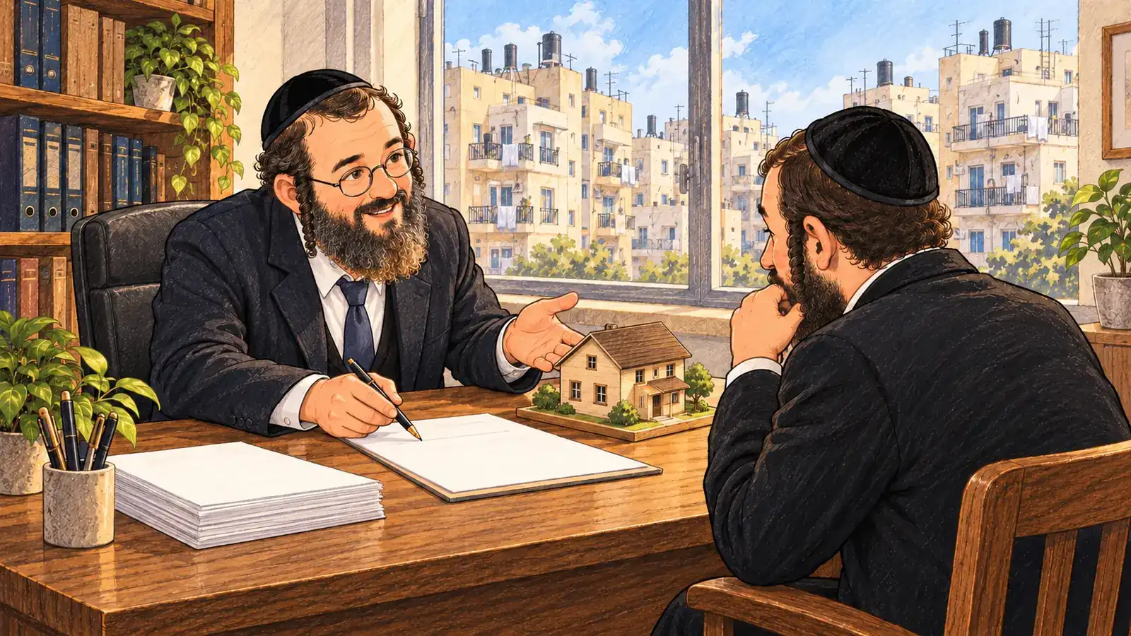 יועץ משכנתאות ולקוח משוחחים ליד דגם בית וטופס ריק, וברקע בנייני מגורים בבני ברק
