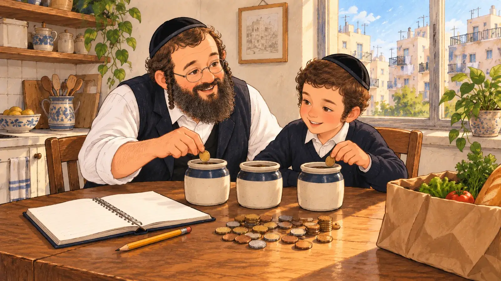 אב ובנו מסדרים מטבעות בשלוש צנצנות ליד מחברת תקציב פתוחה במטבח ביתם