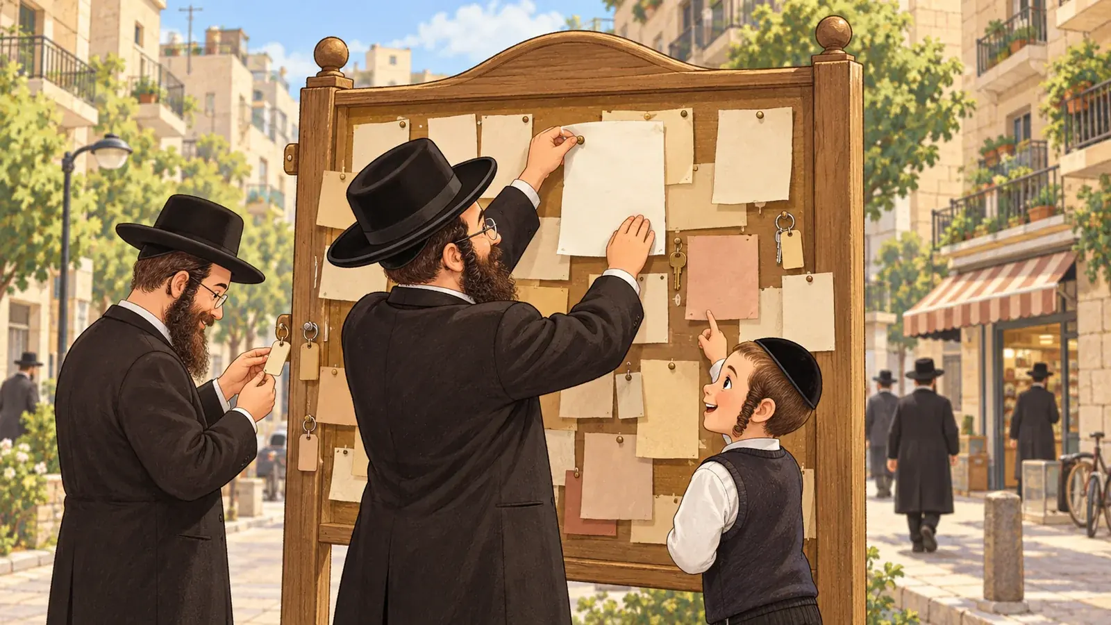 גבר תולה מודעה ריקה על לוח מודעות קהילתי ברחוב בני ברקי, וילד מצביע על פתק אחר