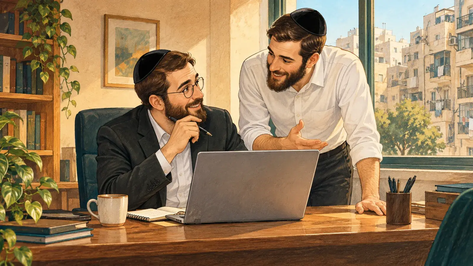 שני יזמים משוחחים ליד מחשב נייד, מחברת וספל קפה במשרד קטן בבני ברק