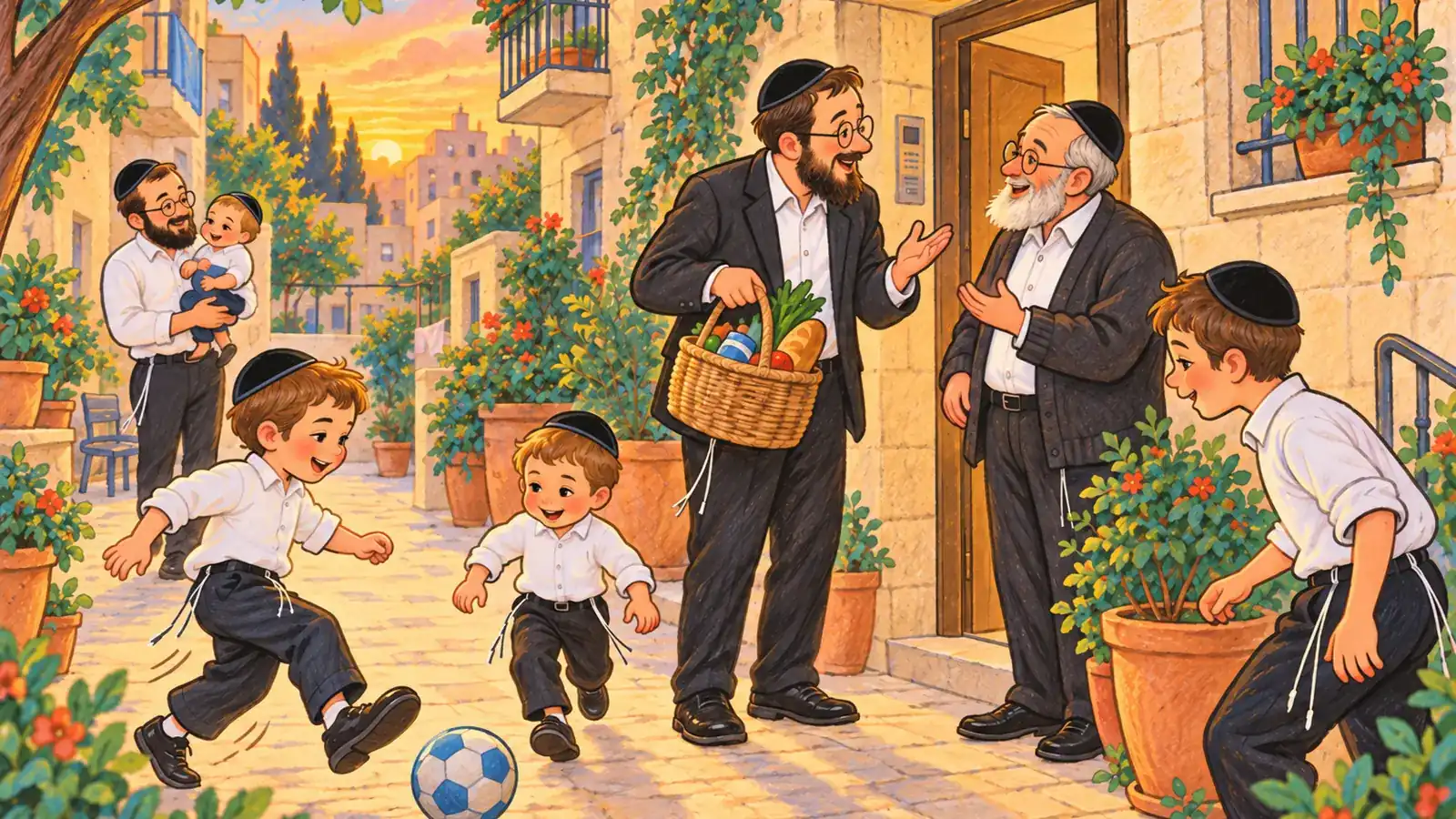 שכנים משוחחים בחצר בניין בבני ברק, ילדים משחקים בכדור ואב מחזיק תינוק באור ערב